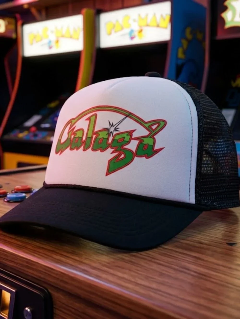 Galaga Arcade Logo Printed Black White Foam Rope Trucker Hat Snapback New 80s